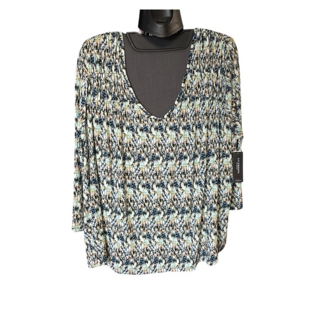 Liverpool Printed V-Neck Top in Blue Multi Texture